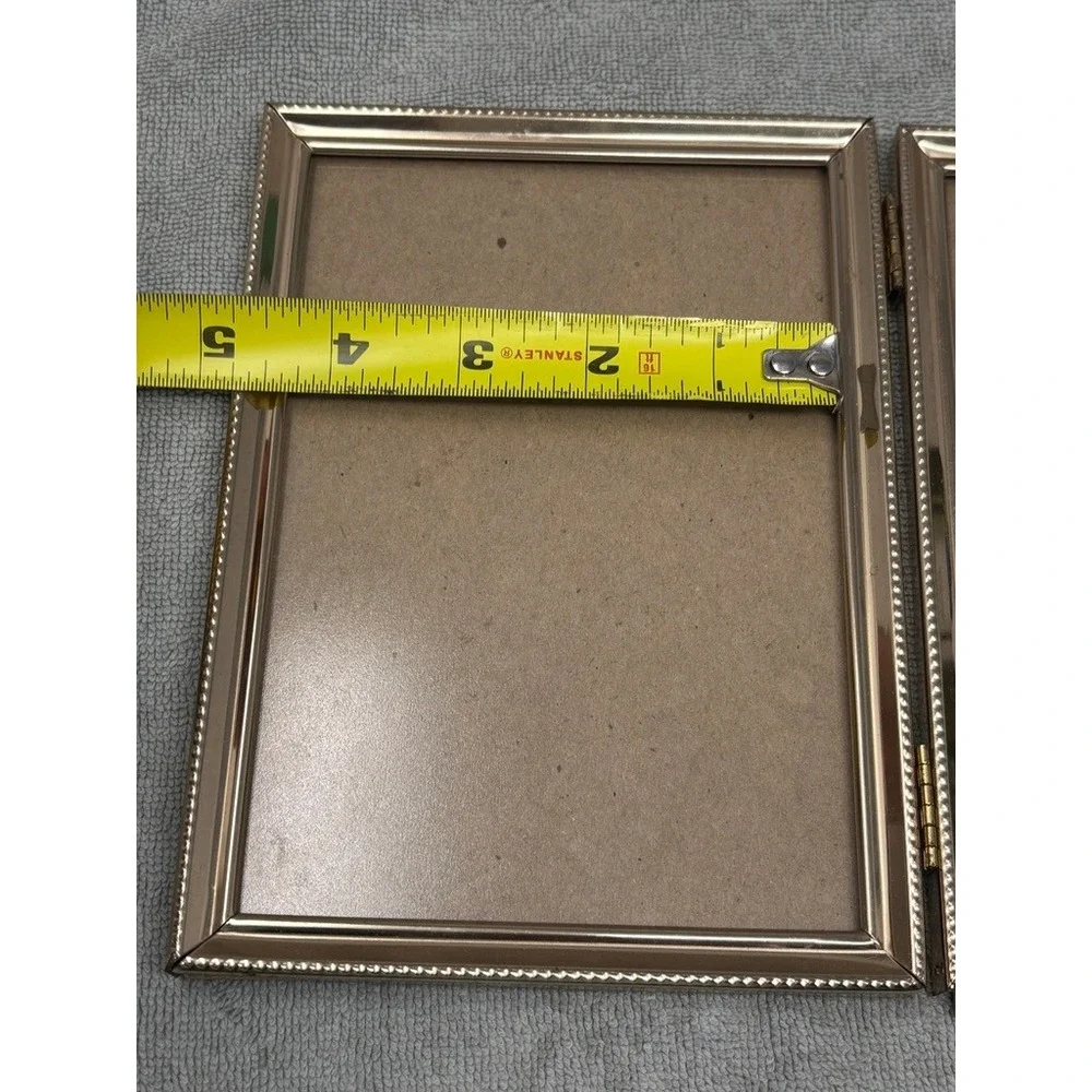 Vintage Gold‎ Tone Metal Folding Double Picture Frame Beaded Edge 5x7